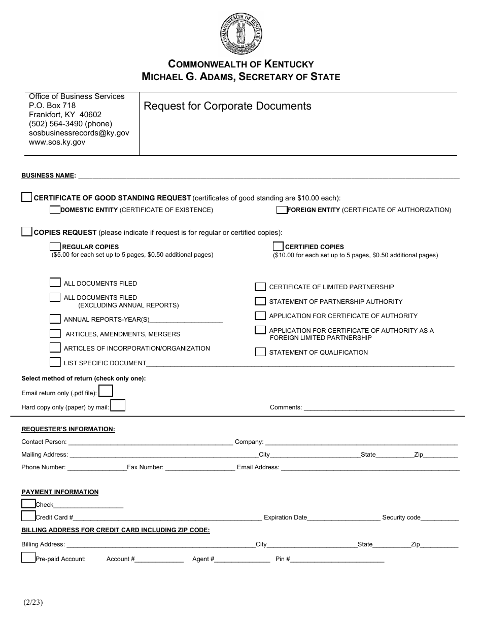 Request for Corporate Documents - Kentucky, Page 1