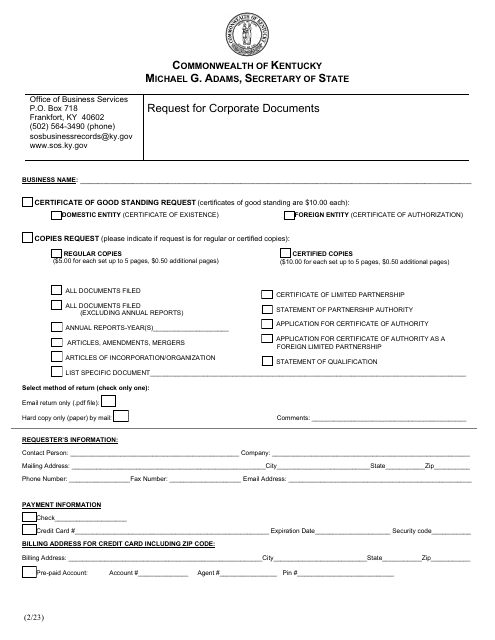 Request for Corporate Documents - Kentucky