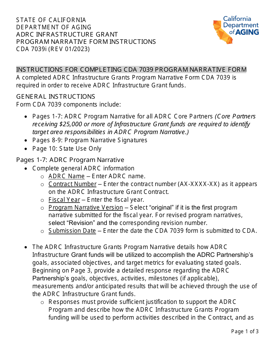 Instructions for Form CDA7039 Adrc Infrastructure Grant Program Narrative Form - California, Page 1