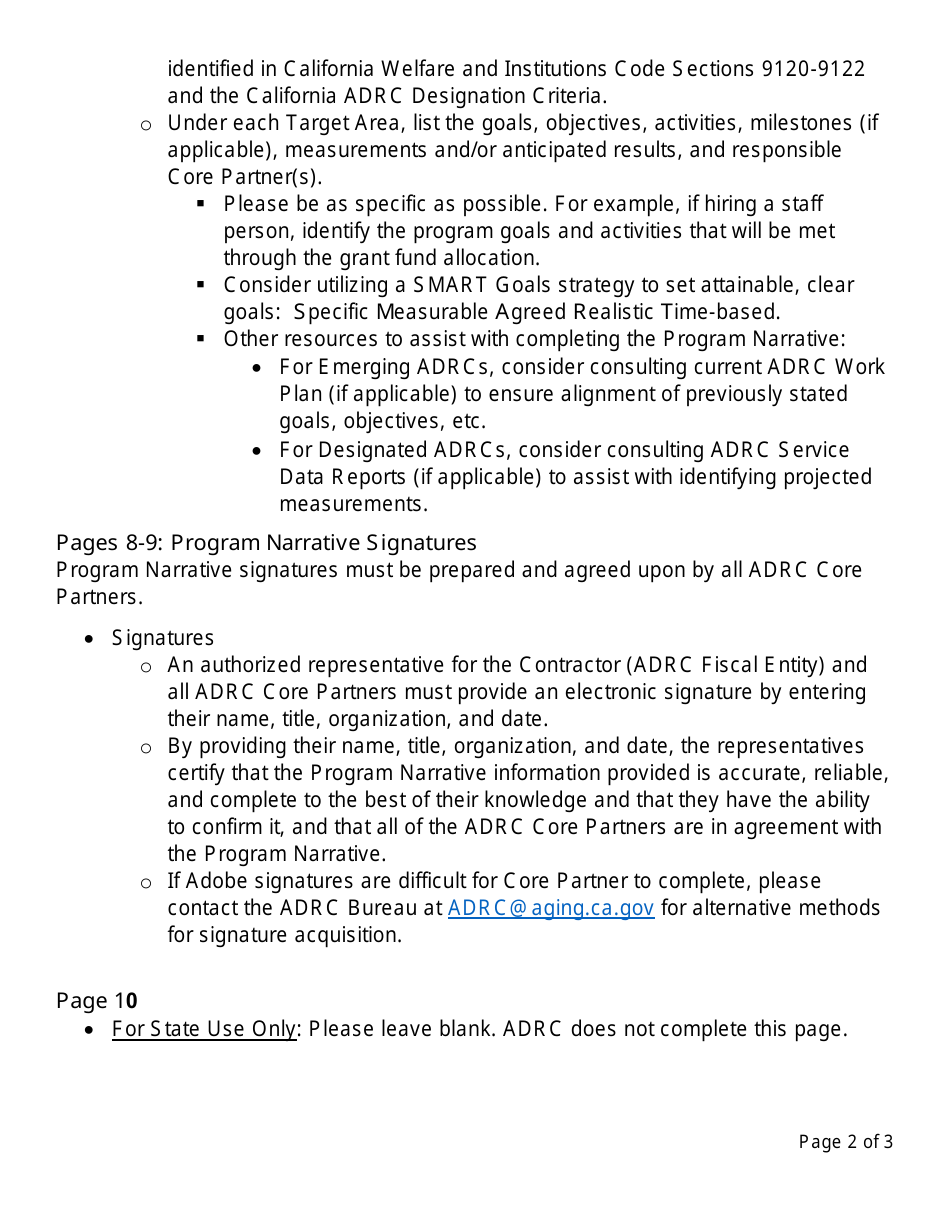 Instructions for Form CDA7039 Adrc Infrastructure Grant Program Narrative Form - California, Page 2