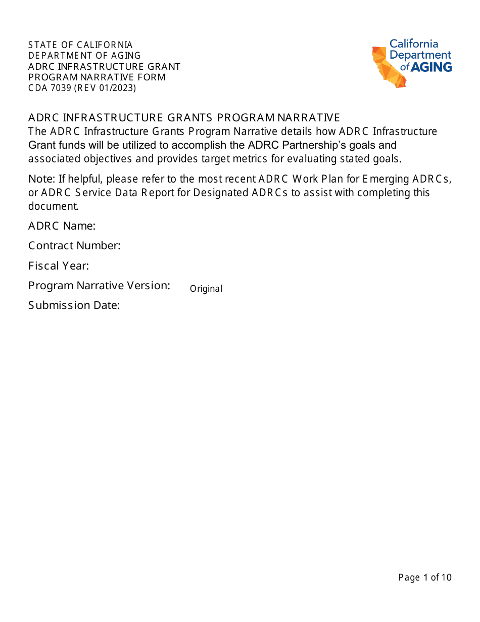 Form CDA7039 Adrc Infrastructure Grant Program Narrative Form - California, Page 1