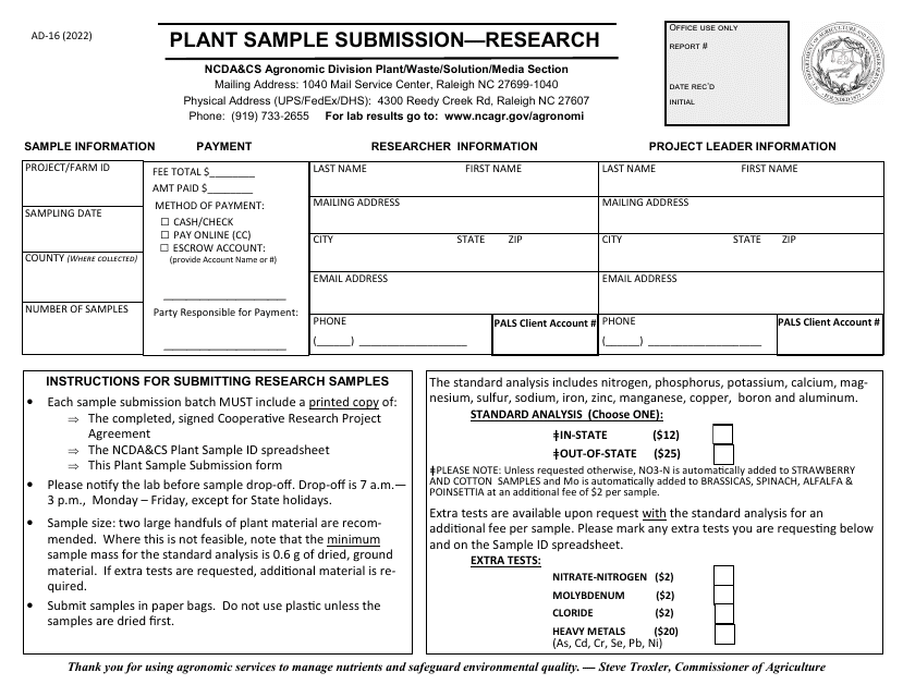Form AD-16 Plant Sample Submission - Research - North Carolina