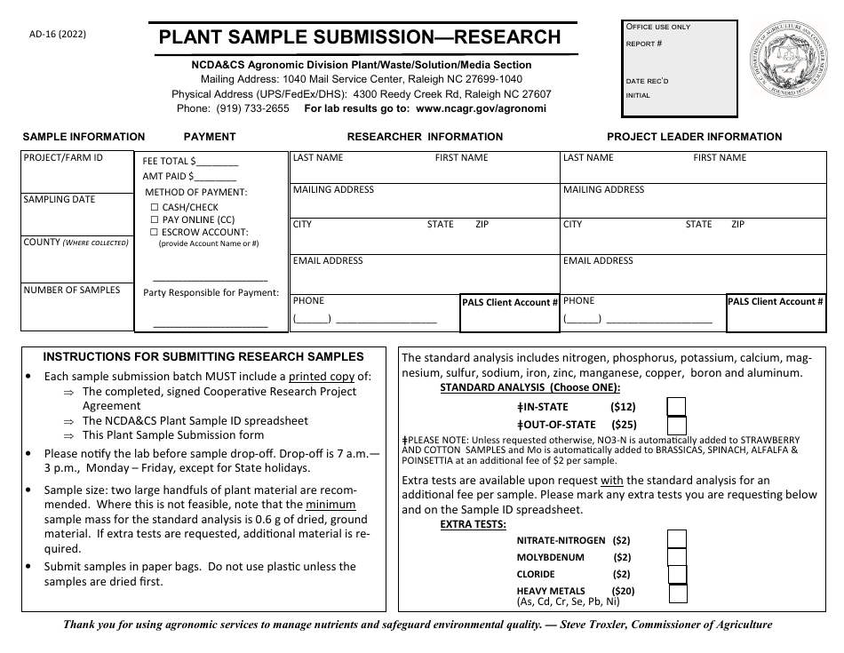 Form AD-16 Plant Sample Submission - Research - North Carolina, Page 1