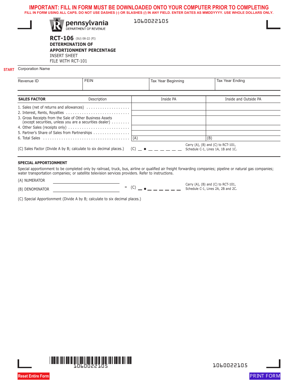 Form RCT-106 Determination of Apportionment Percentage - Pennsylvania, Page 1