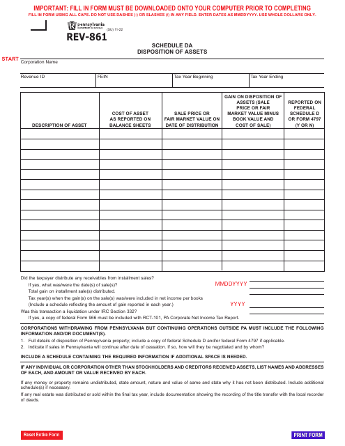 Form REV-861 Schedule DA Disposition of Assets - Pennsylvania