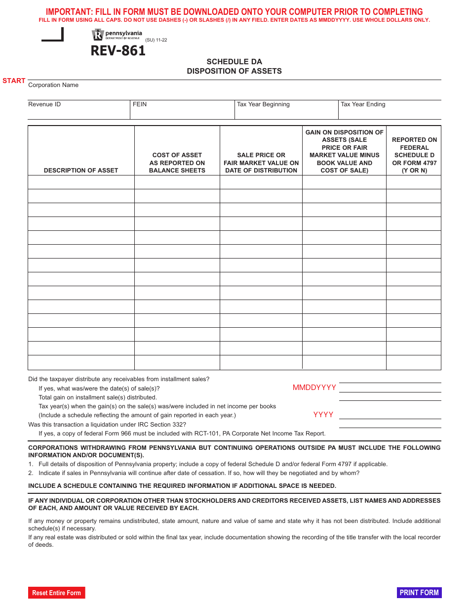 Form REV-861 Schedule DA Disposition of Assets - Pennsylvania, Page 1