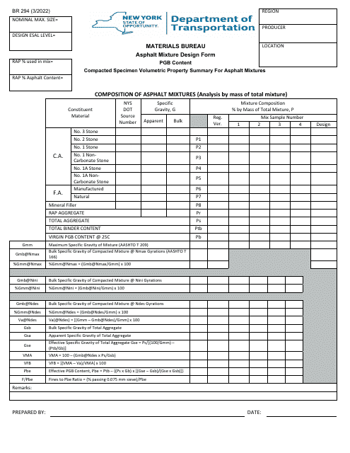 Form BR294  Printable Pdf