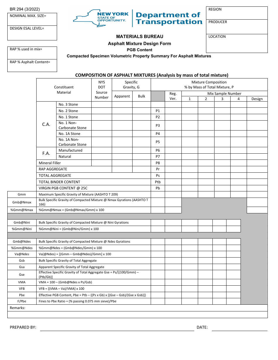Form BR294 Asphalt Mixture Design Form - Pgb Content - Compacted Specimen Volumetric Property Summary for Asphalt Mixtures - New York, Page 1