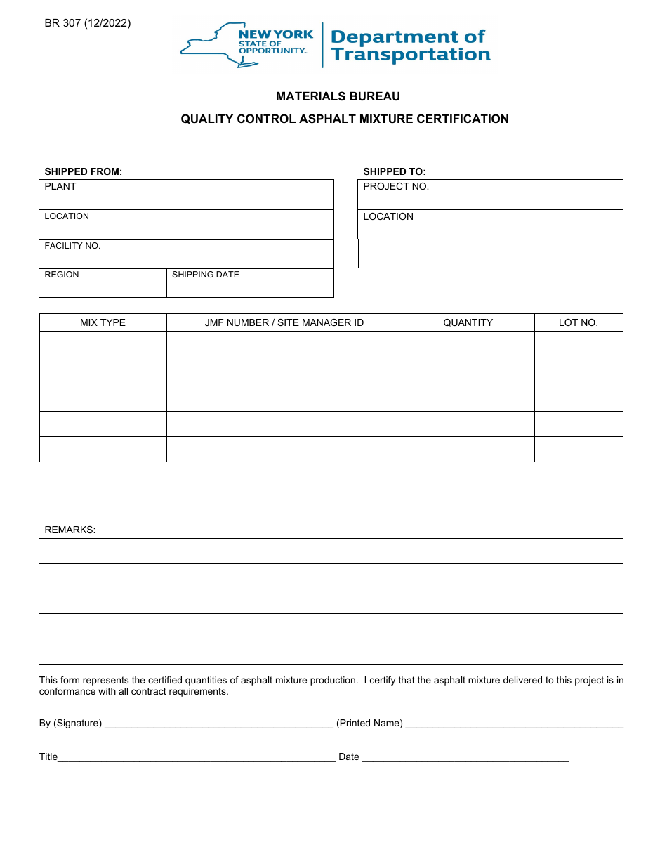 Form BR307 Quality Control Asphalt Mixture Certification - New York, Page 1