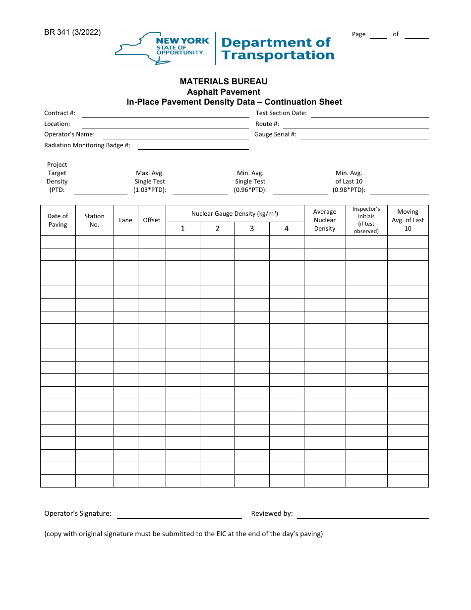 Form BR341 Asphalt Pavement in-Place Pavement Density Data - Continuation Sheet - New York, Page 1