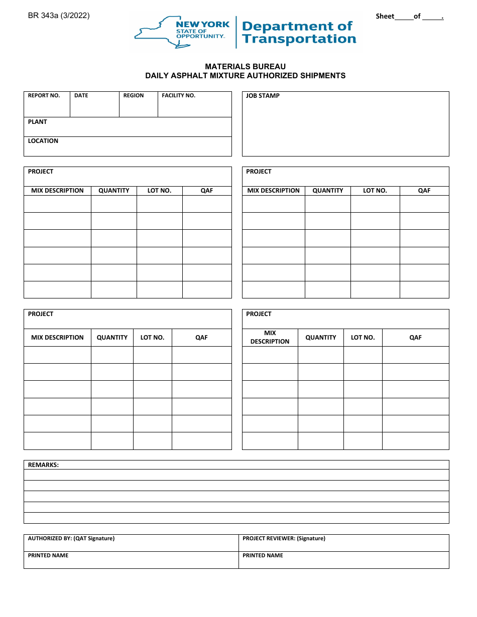 Form BR343A Daily Asphalt Mixture Authorized Shipments - New York, Page 1