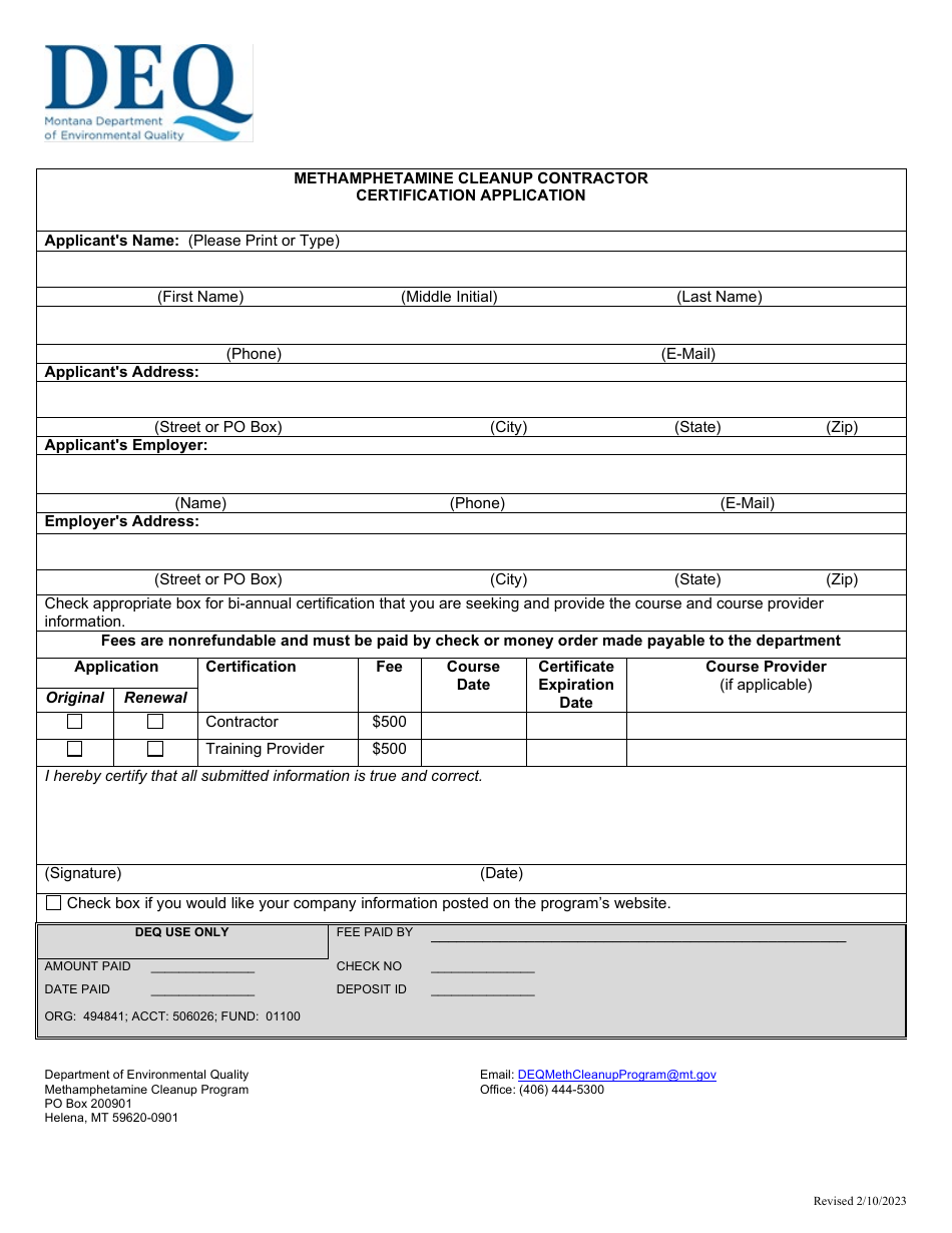 Methamphetamine Cleanup Contractor Certification Application - Montana, Page 1