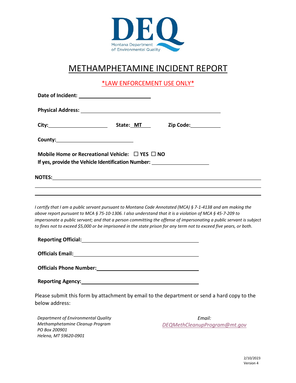 Methamphetamine Incident Report - Montana, Page 1