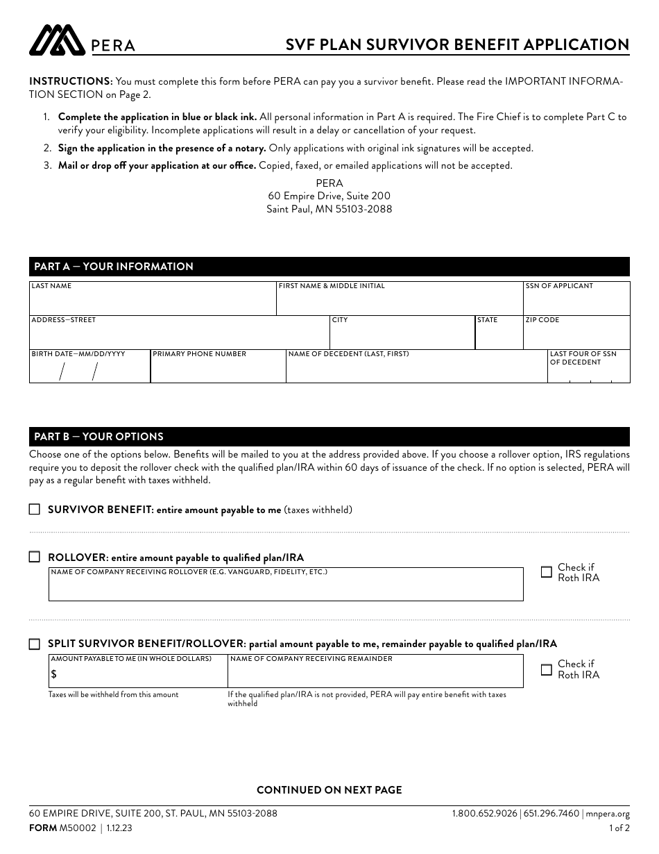 Form M50002 Svf Plan Survivor Benefit Application - Minnesota, Page 1