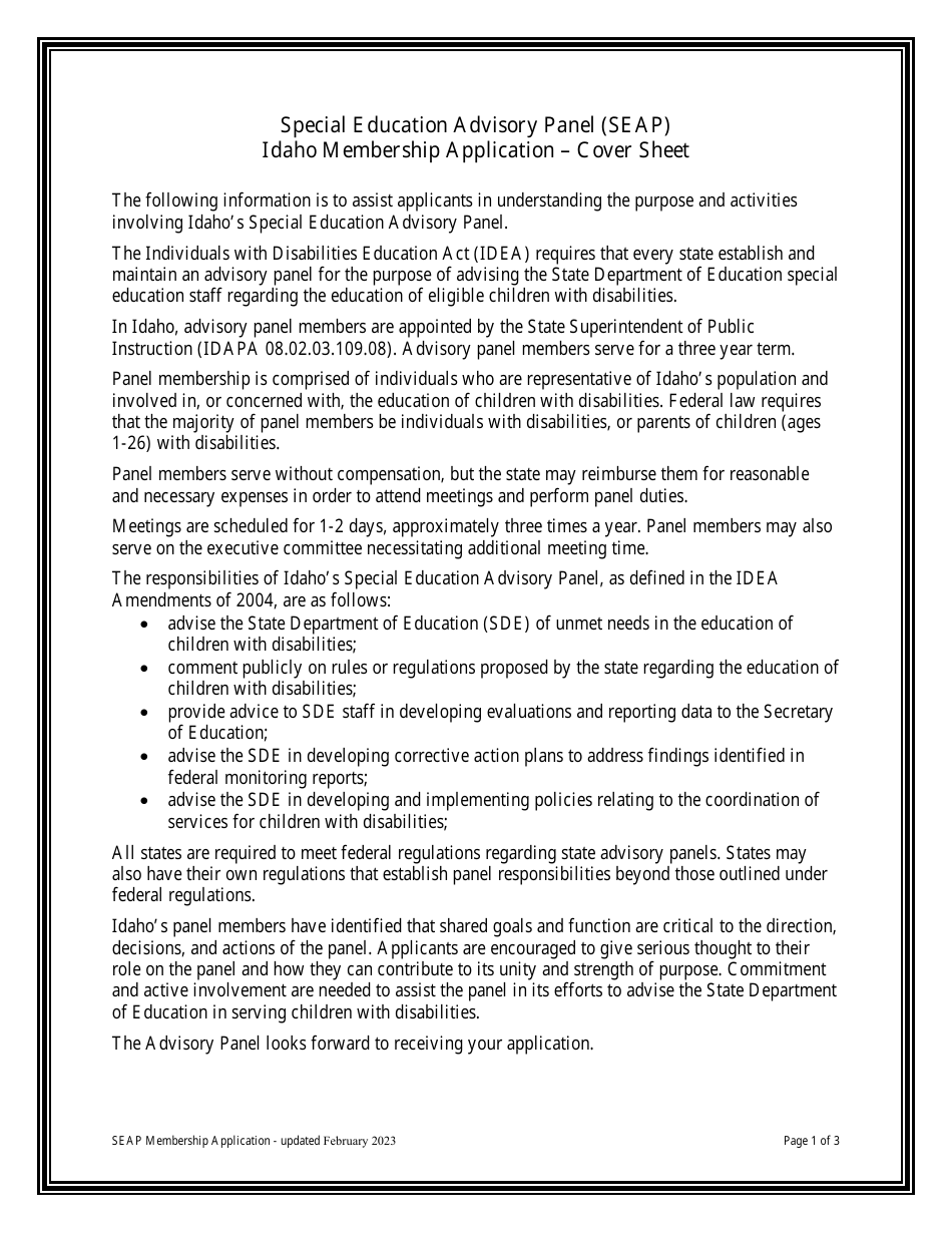 Special Education Advisory Panel (Seap) Idaho Membership Application - Idaho, Page 1