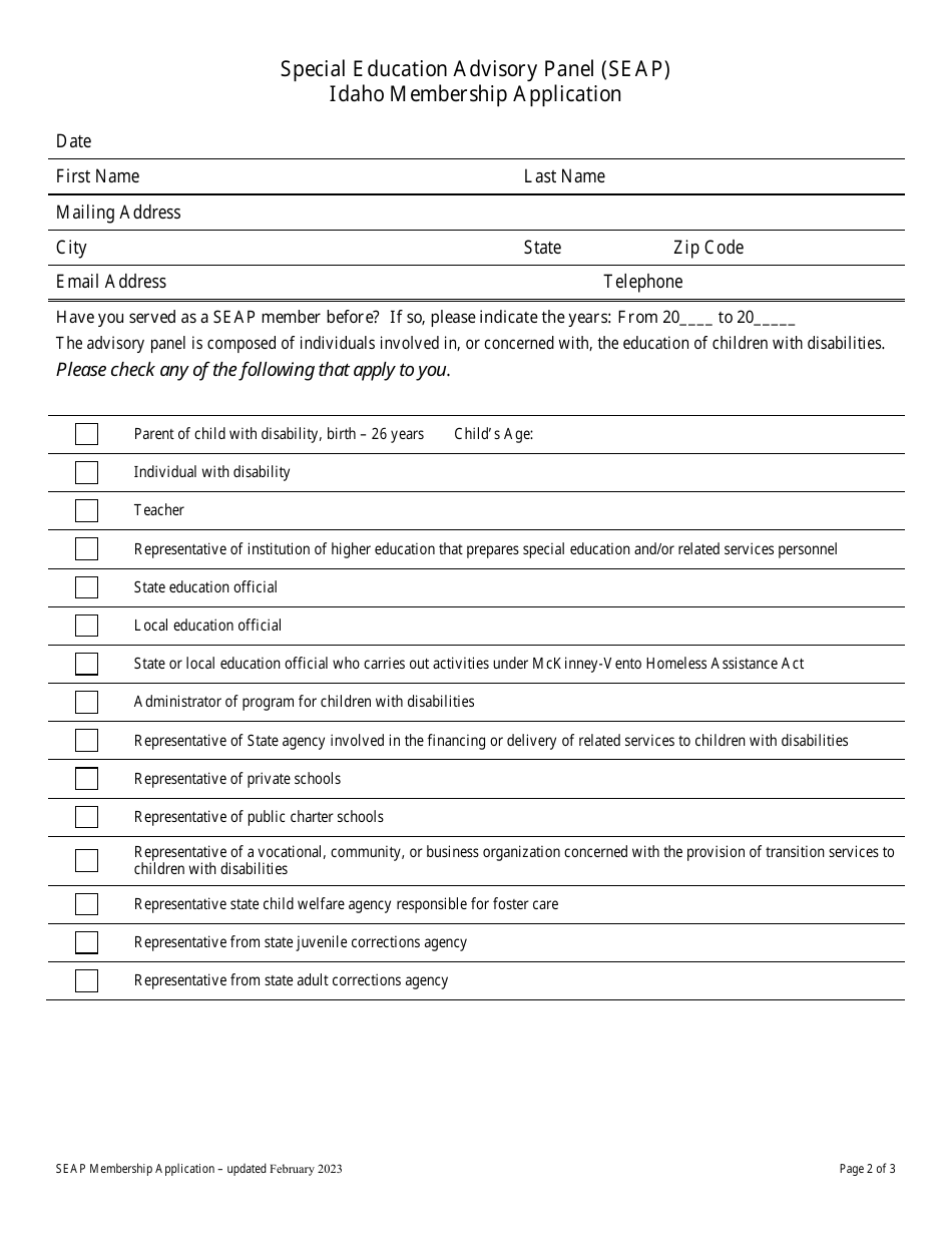 Special Education Advisory Panel (Seap) Idaho Membership Application - Idaho, Page 2