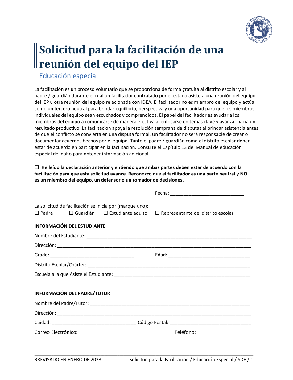 Solicitud Para La Facilitacion De Una Reunion Del Equipo Del Iep - Educacion Especial - Idaho (Spanish), Page 1
