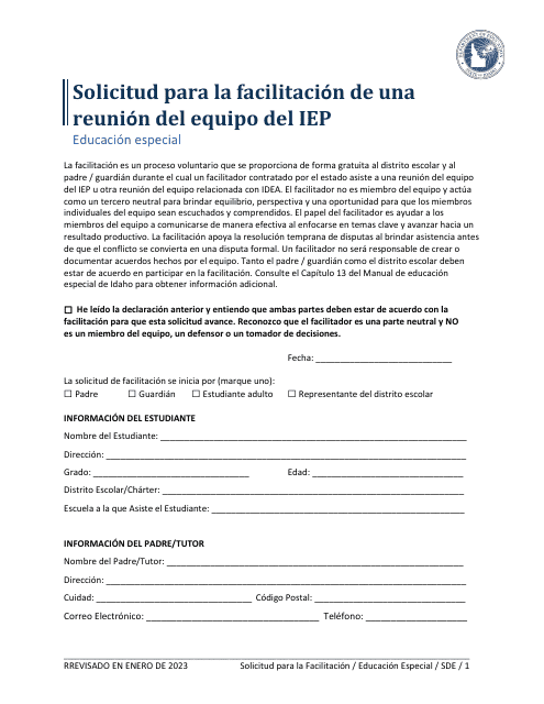 Solicitud Para La Facilitacion De Una Reunion Del Equipo Del Iep - Educacion Especial - Idaho (Spanish)