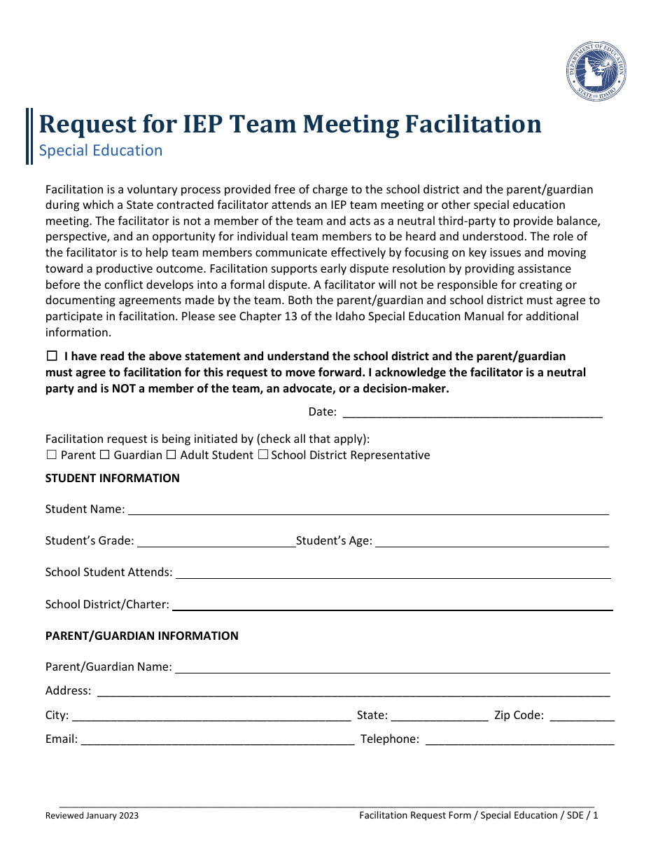 Request for Iep Team Meeting Facilitation - Special Education - Idaho, Page 1