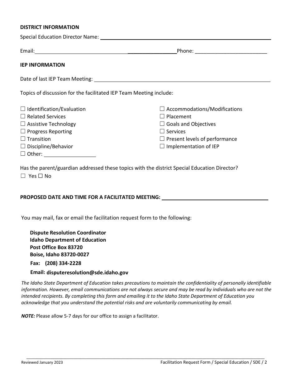 Request for Iep Team Meeting Facilitation - Special Education - Idaho, Page 2