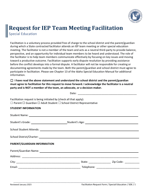 Request for Iep Team Meeting Facilitation - Special Education - Idaho Download Pdf