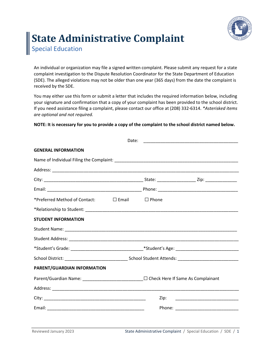 State Administrative Complaint - Special Education - Idaho, Page 1