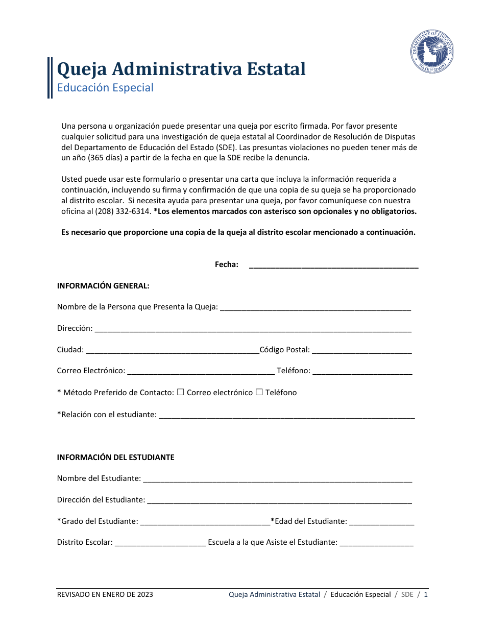 Queja Administrativa Estatal - Educacion Especial - Idaho (Spanish), Page 1