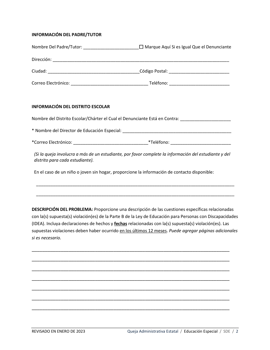 Queja Administrativa Estatal - Educacion Especial - Idaho (Spanish), Page 2