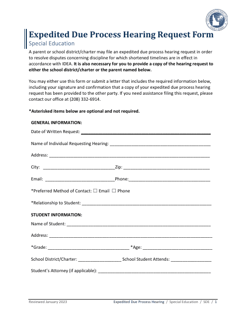 Expedited Due Process Hearing Request Form - Special Education - Idaho