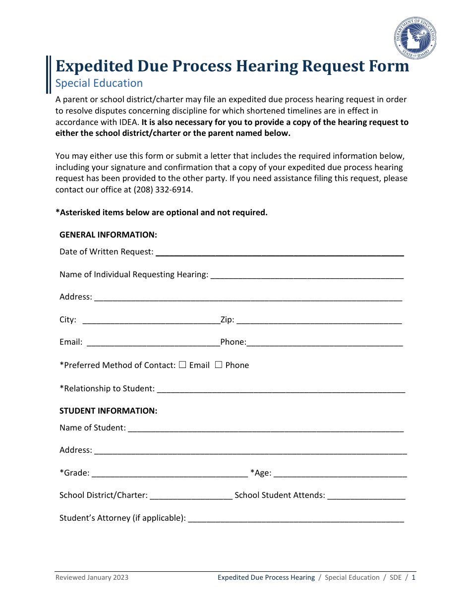Expedited Due Process Hearing Request Form - Special Education - Idaho, Page 1