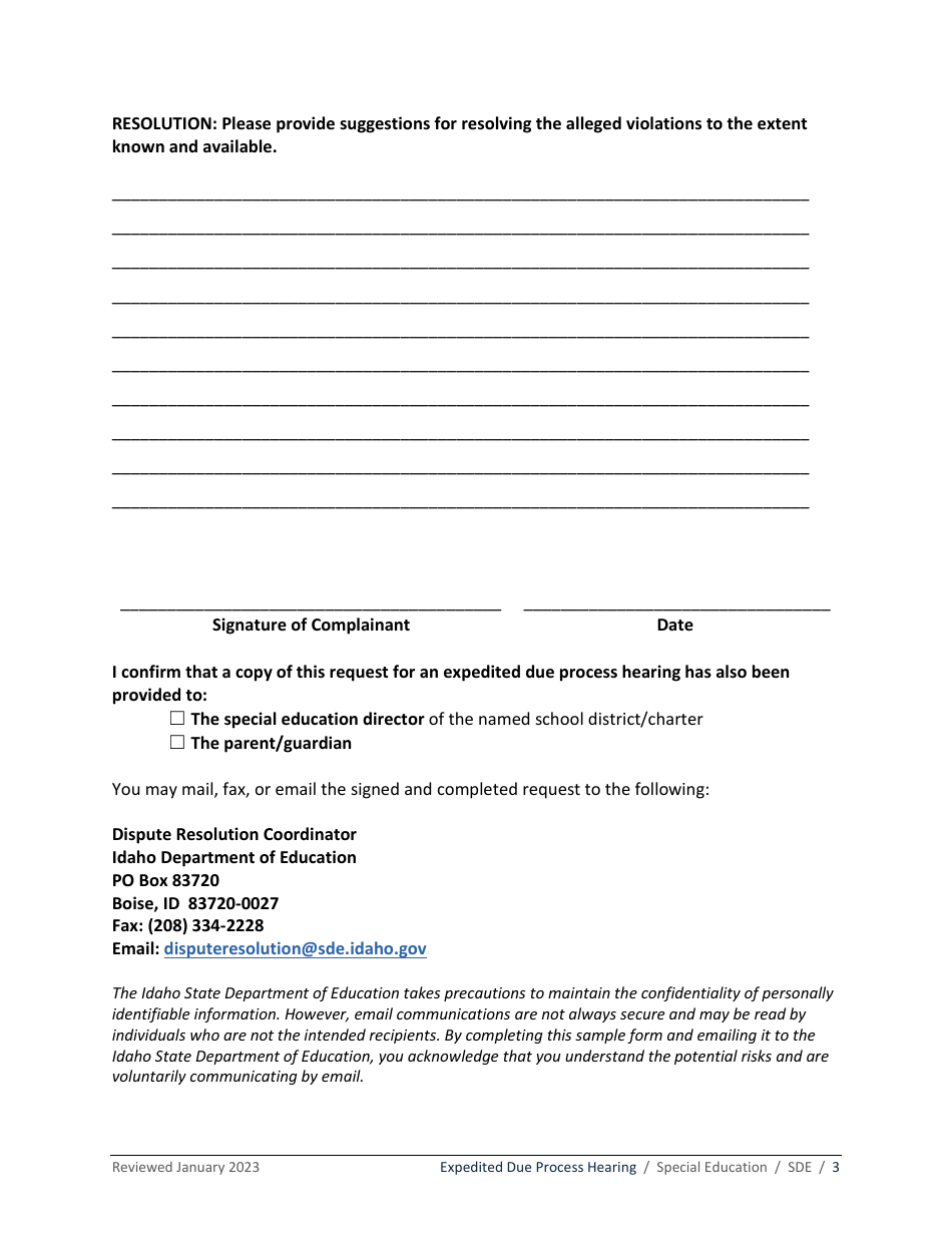 Expedited Due Process Hearing Request Form - Special Education - Idaho, Page 3