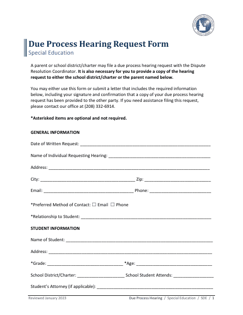 Due Process Hearing Request Form - Special Education - Idaho Download Pdf