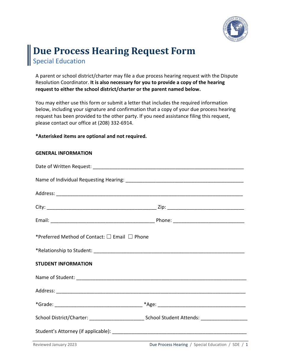 Due Process Hearing Request Form - Special Education - Idaho, Page 1