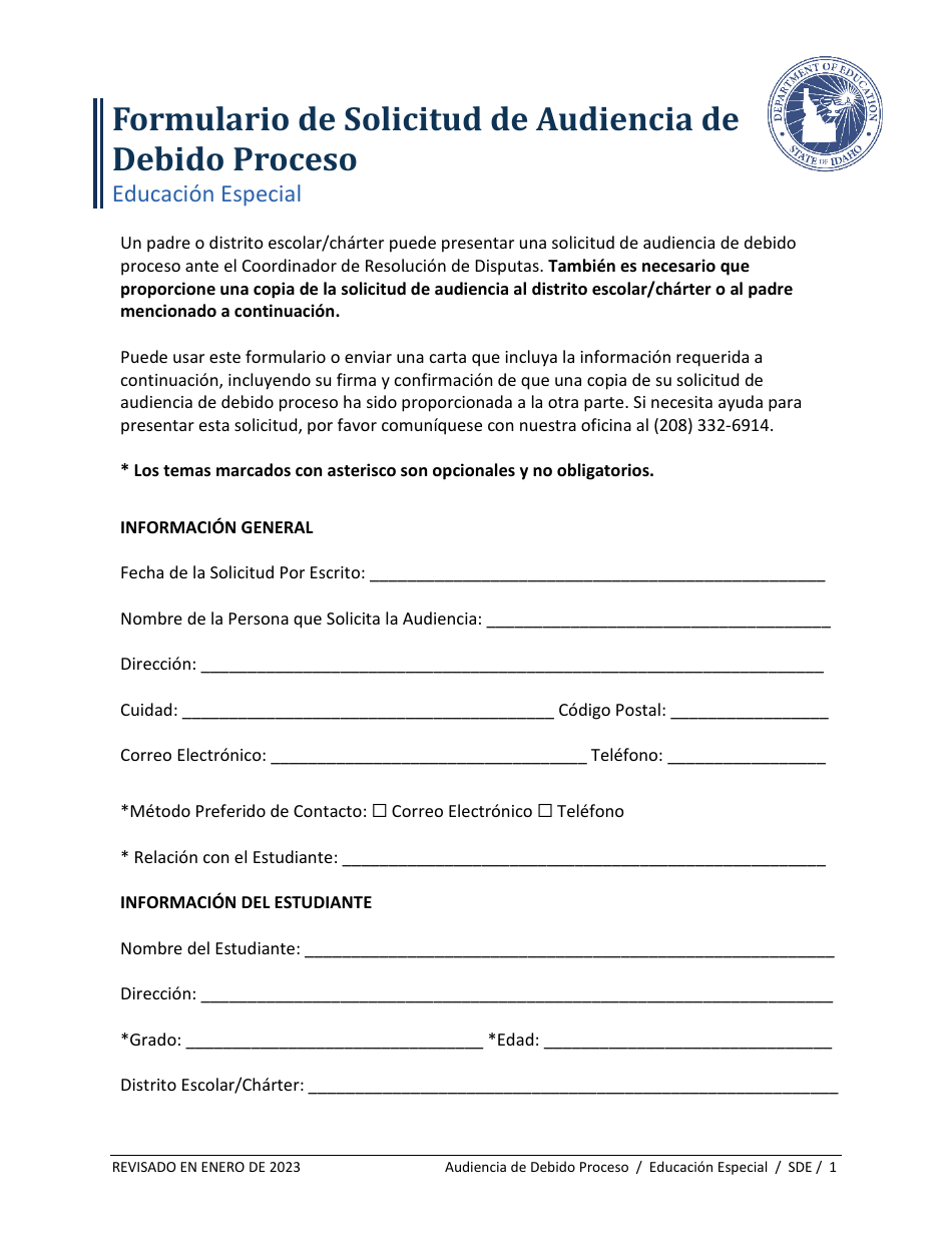 Formulario De Solicitud De Audiencia De Debido Proceso - Educacion Especial - Idaho (Spanish), Page 1