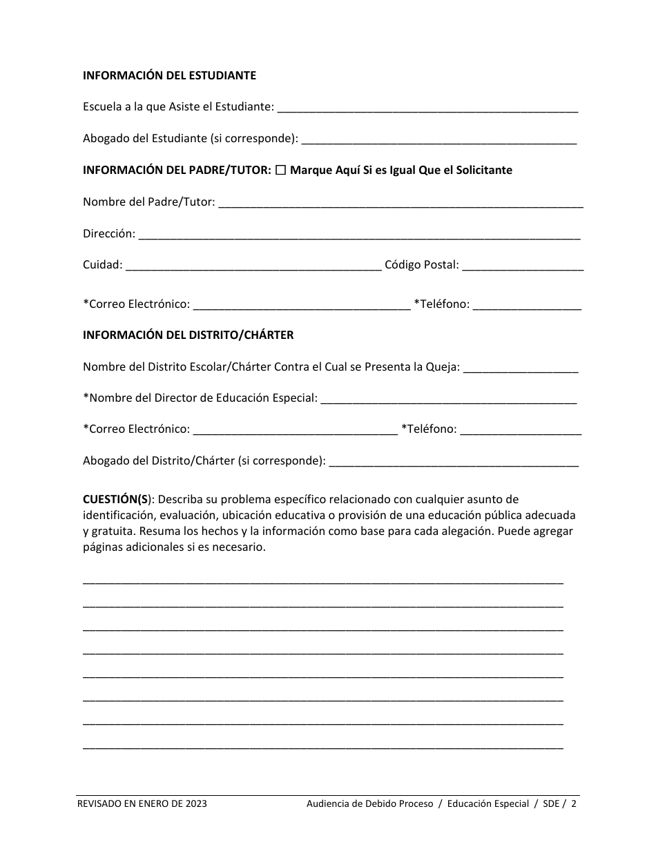 Formulario De Solicitud De Audiencia De Debido Proceso - Educacion Especial - Idaho (Spanish), Page 2