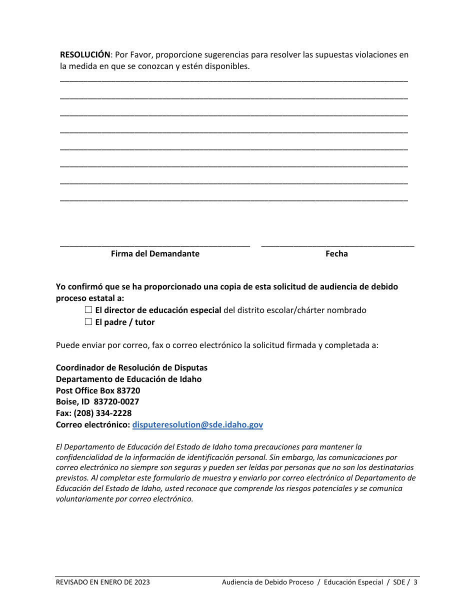 Formulario De Solicitud De Audiencia De Debido Proceso - Educacion Especial - Idaho (Spanish), Page 3