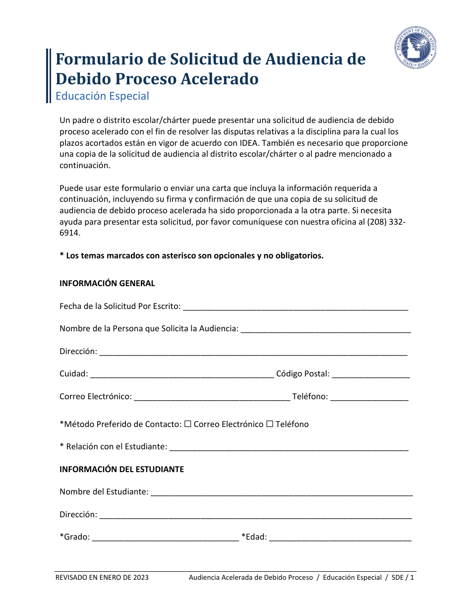 Formulario De Solicitud De Audiencia De Debido Proceso Acelerado - Educacion Especial - Idaho (Spanish), Page 1