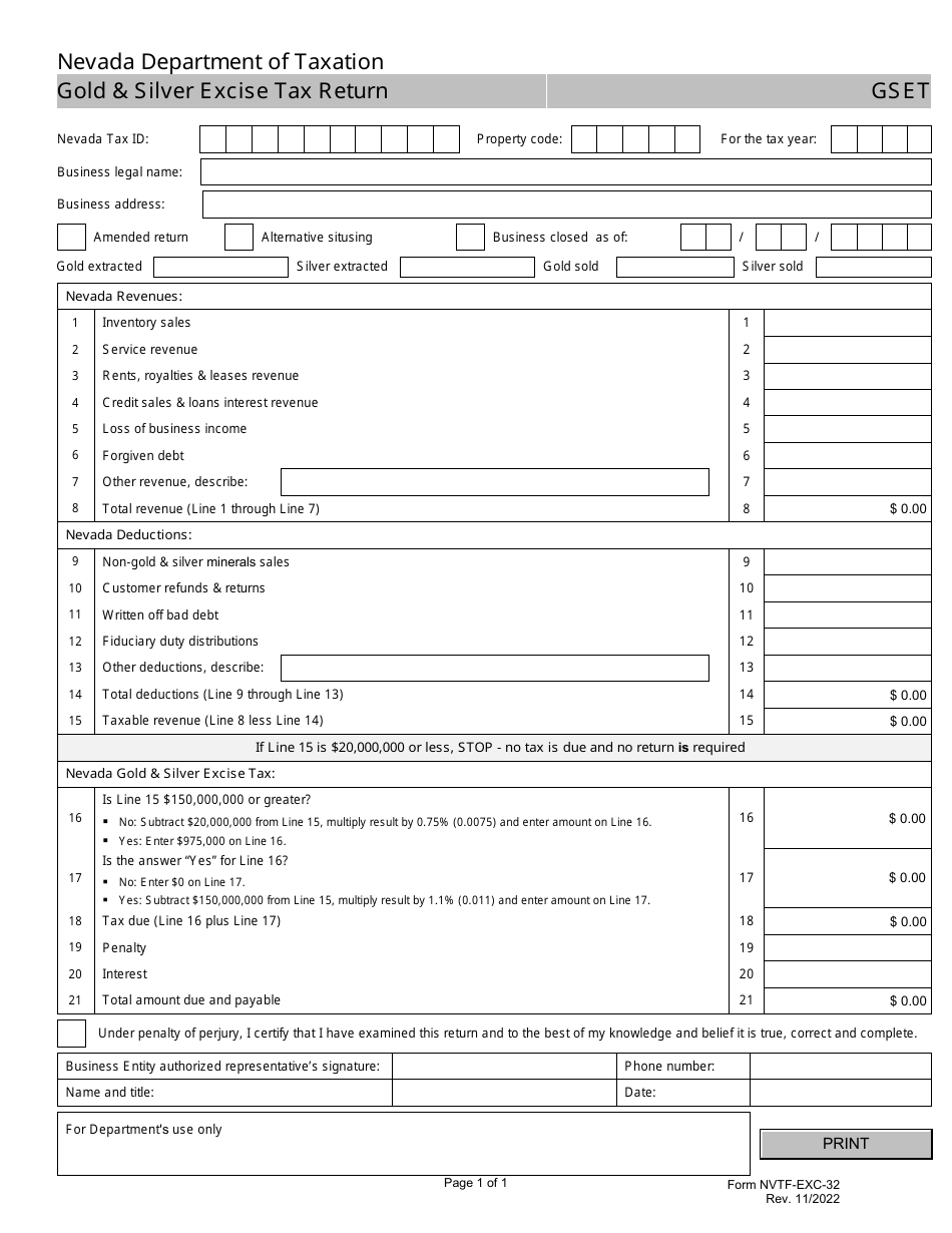 Form NVTF-EXC-32 Gold  Silver Excise Tax Return - Nevada, Page 1