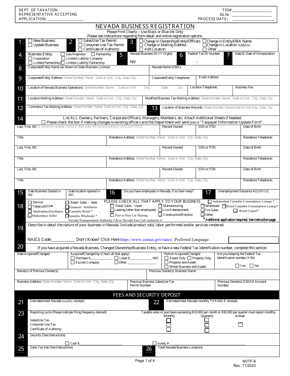 Form NVTF-6 Nevada Business Registration - Nevada, Page 1