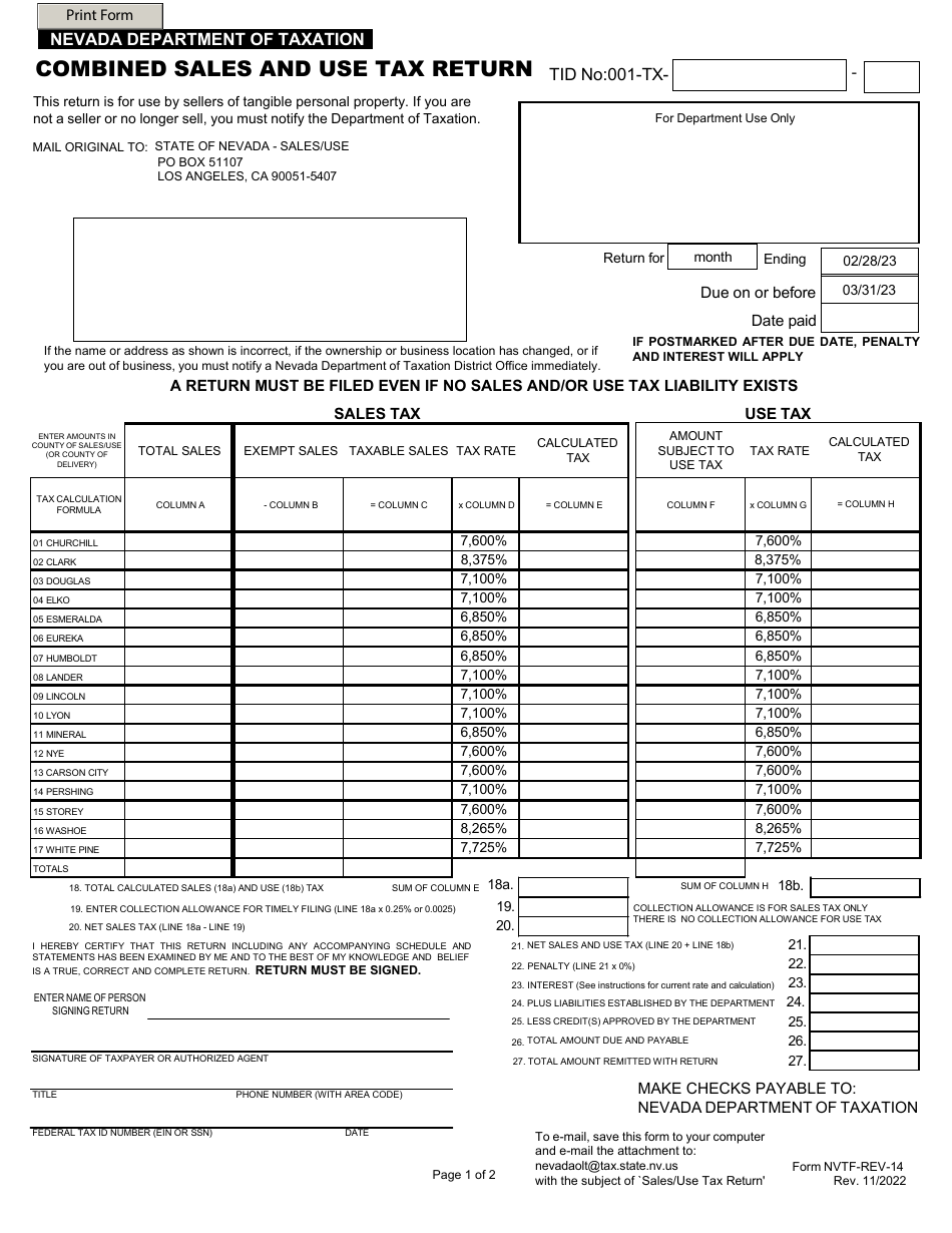 Form NVTF-REV-14 Combined Sales and Use Tax Return - Nevada, Page 1