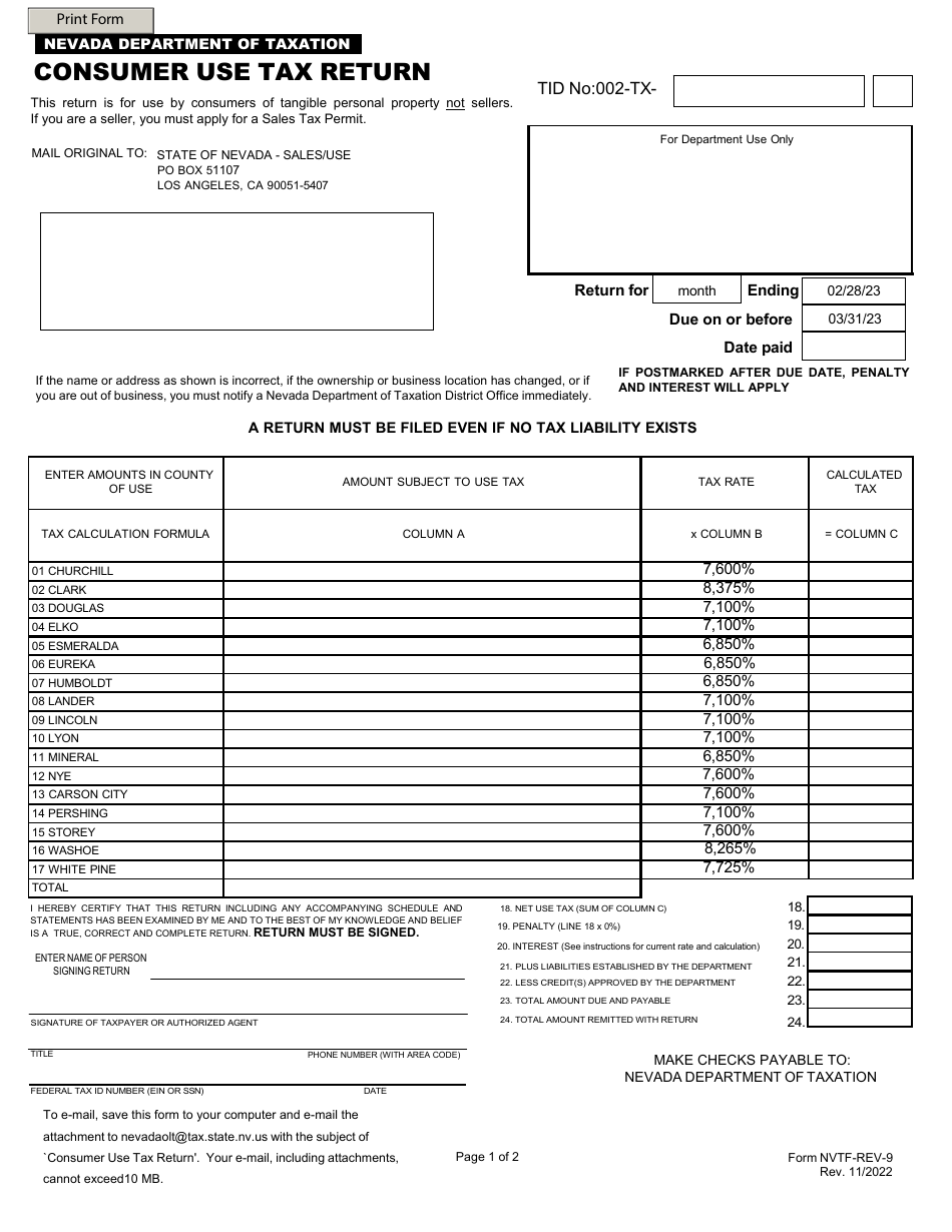 Form NVTF-REV-9 Consumer Use Tax Return - Nevada, Page 1