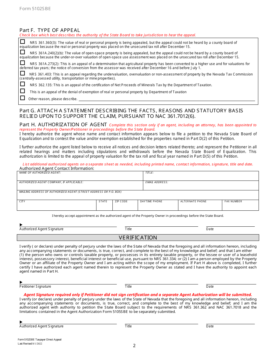 Form 5102SBE Taxpayer Petition for Direct Appeal - Nevada, Page 2