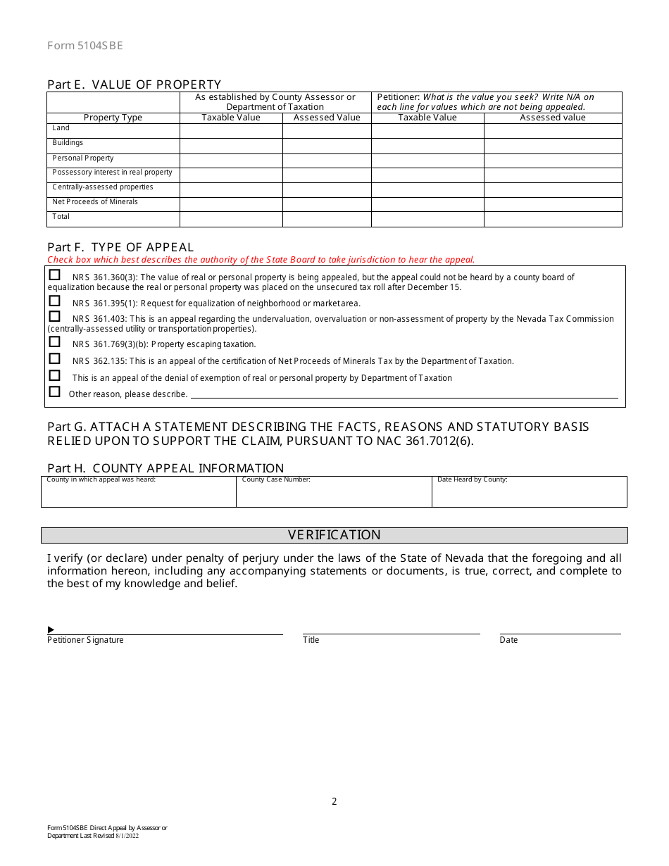 Form 5104SBE Petition for Direct Appeal by County Assessor or Department of Taxation - Nevada, Page 2