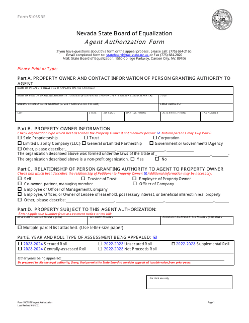 Form 5105SBE Agent Authorization Form - Nevada, 2024
