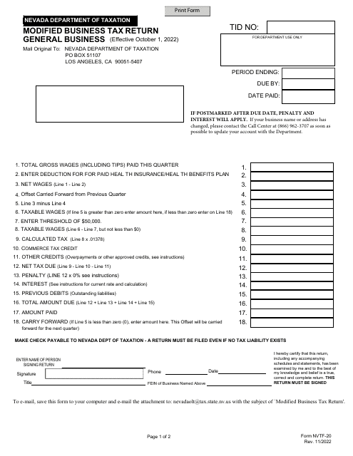 Form NVTF-20 Modified Business Tax Return - General Business - Nevada