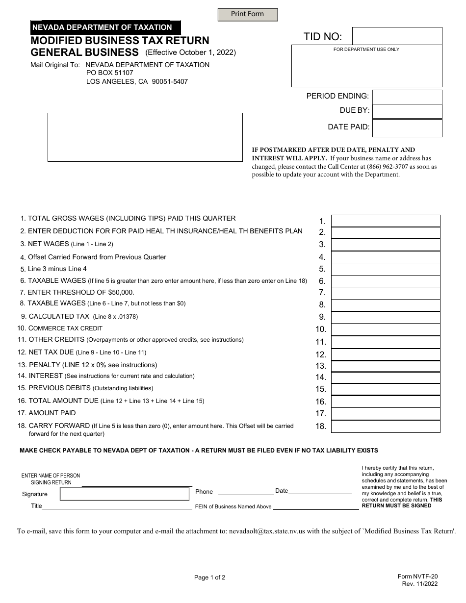 Form NVTF-20 Modified Business Tax Return - General Business - Nevada, Page 1