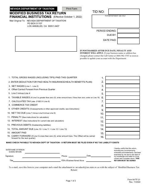 Form NVTF-21 Modified Business Tax Return - Financial Institutions - Nevada