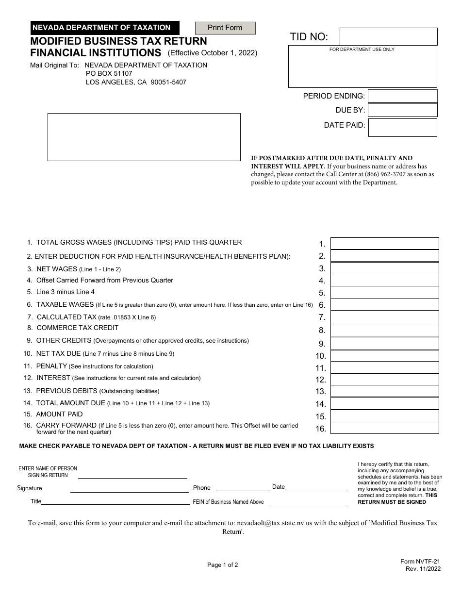 Form NVTF-21 Modified Business Tax Return - Financial Institutions - Nevada, Page 1