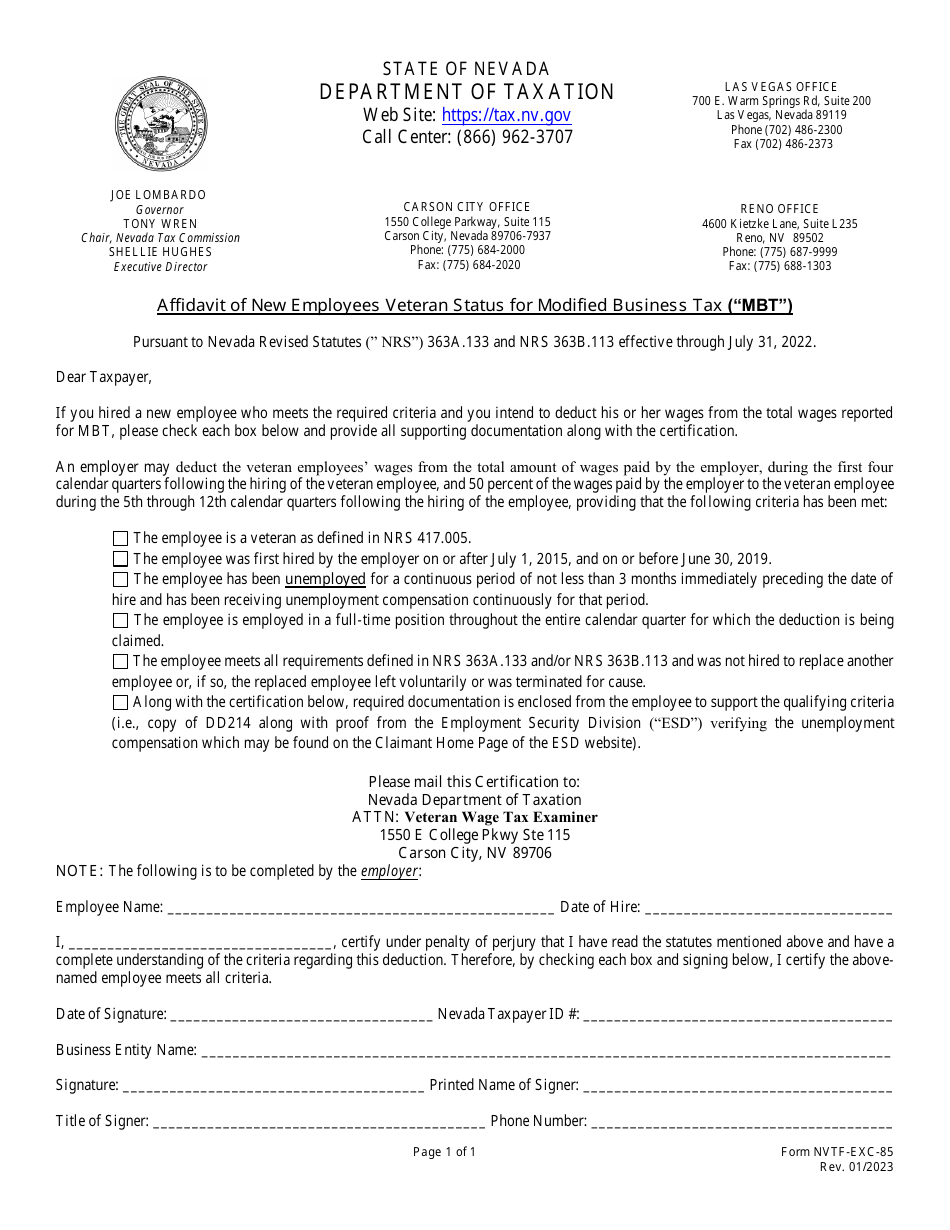 Form NVTF-EXC-85 Affidavit of New Employees Veteran Status for Modified Business Tax (mbt) - Nevada, Page 1
