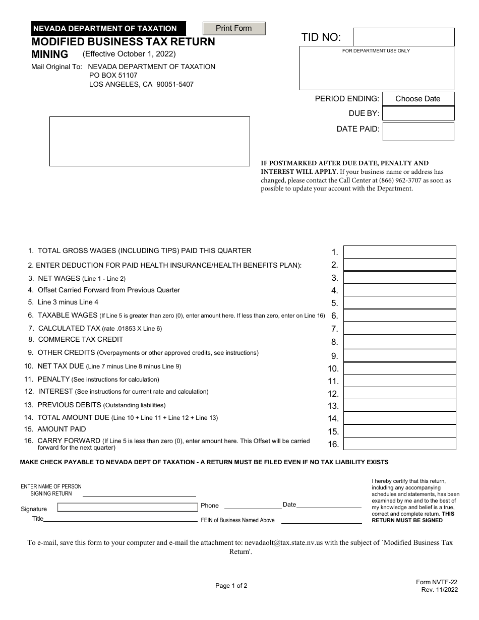 Form NVTF-22 Modified Business Tax Return - Mining - Nevada, Page 1